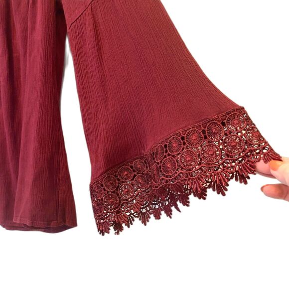 Source Unknown Tops - Boho Peasant Blouse M Sculptured Lace Bell Sleeves Burgundy Elastic Neckline
